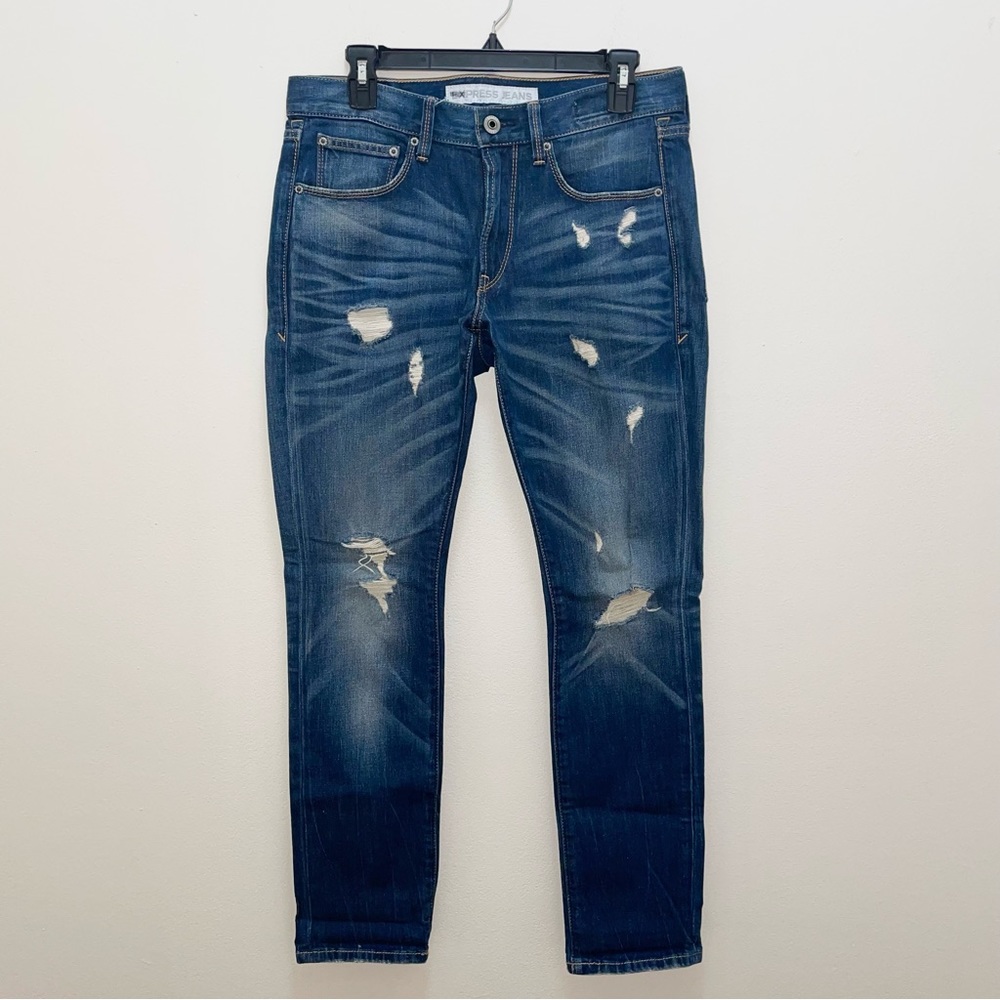 Express Blue Distressed Stretch Alec Super Skinny Fit Jeans Size 30/30 - Main Image